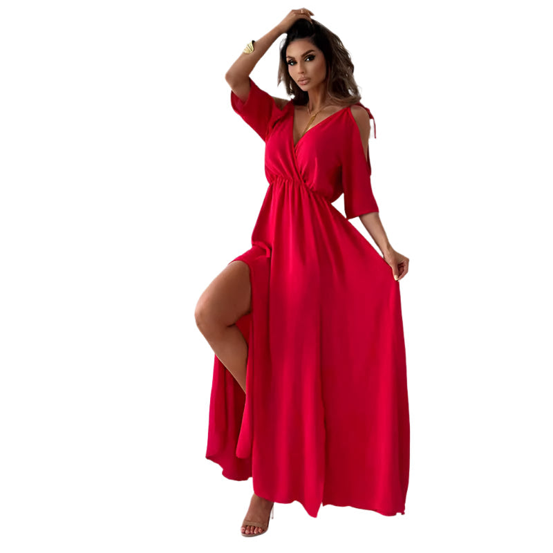 Robe Lang Élégante avec Décolleté en V et Manches Trois Quarts