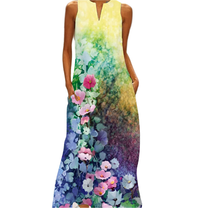 Elda - Robe maxi sans manches à fleurs avec poches