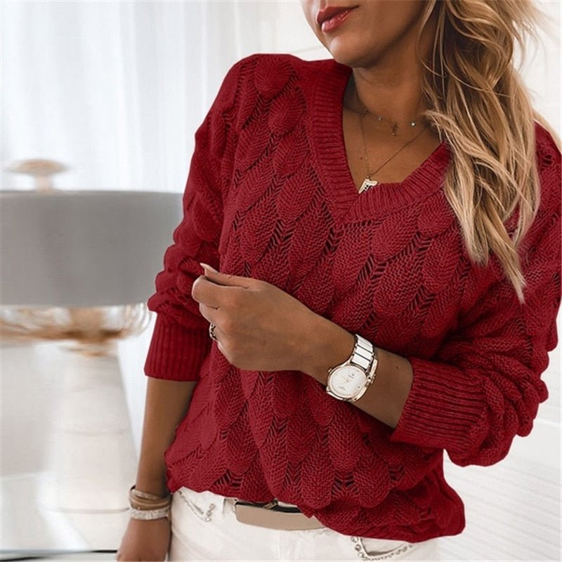 Ella - Pull confortable à col en V avec motif de feuilles